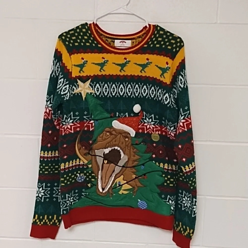 Holiday Time Ugly Dinosaur Fair Isle Sweater Small 36-36